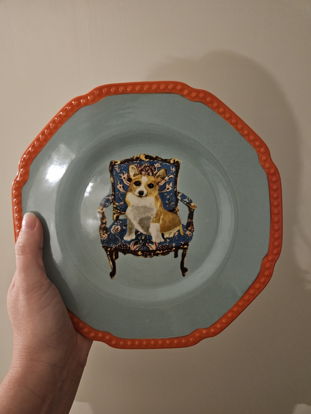 Anthropologie Raphael Balme Scalloped Rim Plate Corgi On Chair